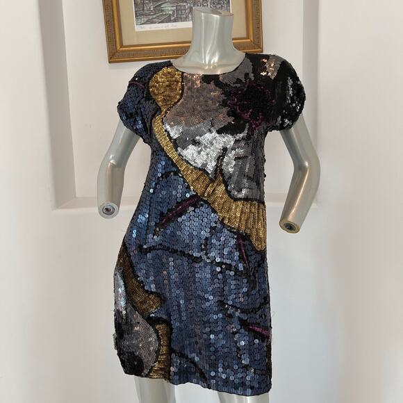 French Connection Navy Blue Gold Sequin Shift Mini Dress Cocktail Party Size 2 - Picture 1 of 15